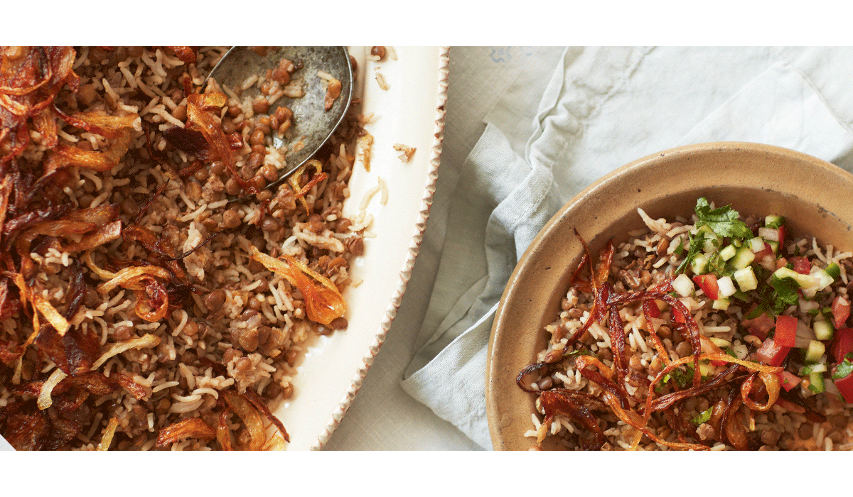 Bioboom 110 – Rezepttipp – Mujaddara — Linsen mit Reis & geschmorten Zwiebeln